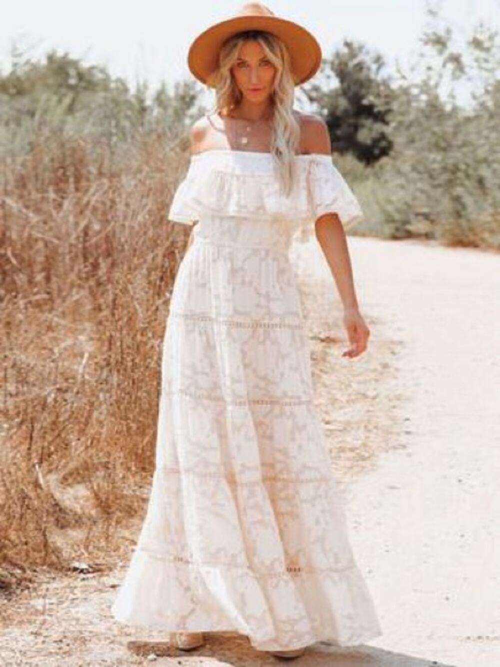 Champagne & Strawberry Off The Shoulder Ruffle Tiered Boho Maxi Dress Size M